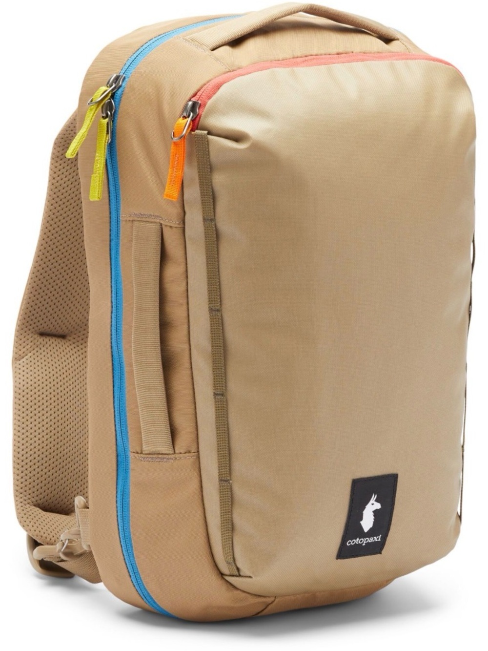 cotopaxi Tan Backpack with Blue Zipper and Multicolor Pulls